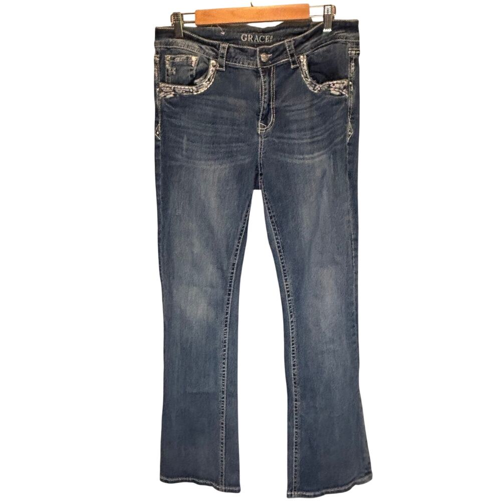 Grace in LA Embroidered Boot Cut Jeans - size 32